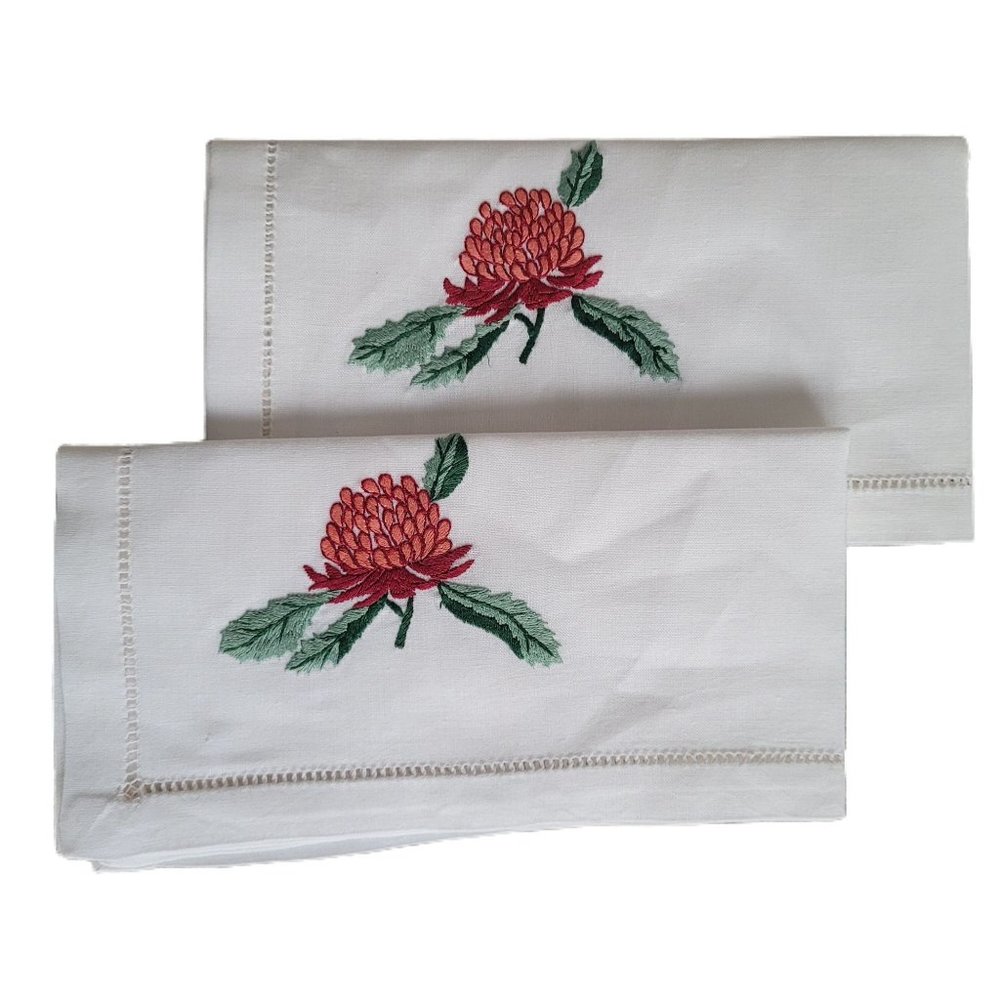 Vintage Hemstitch Edge and Maroon, Pink, and Green Stitched Design Napkins Set